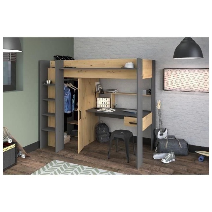 PARISOT HIGH Lit combiné mezzanine enfant - Décor chene et gris - So