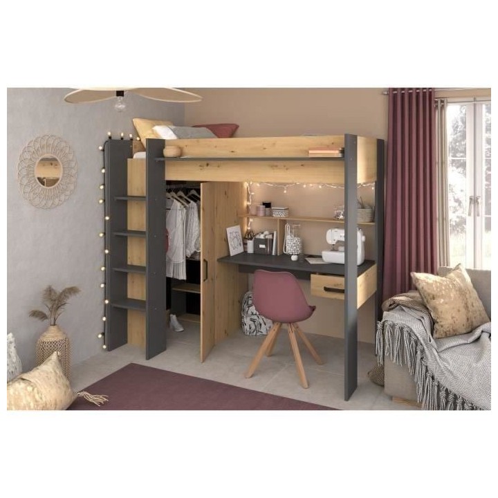 PARISOT HIGH Lit combiné mezzanine enfant - Décor chene et gris - So