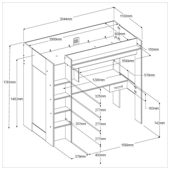 PARISOT HIGH Lit combiné mezzanine enfant - Décor chene et gris - So
