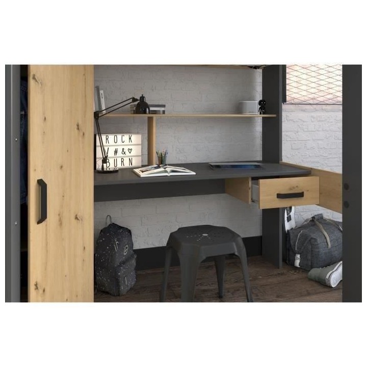 PARISOT HIGH Lit combiné mezzanine enfant - Décor chene et gris - So