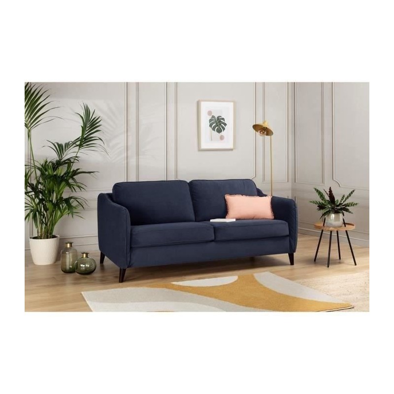 HEXAGONE Canapé convertible couchage express - 3 places - Velours bleu nuit - L 182 x P 85 x H 97 cm - CLYDE