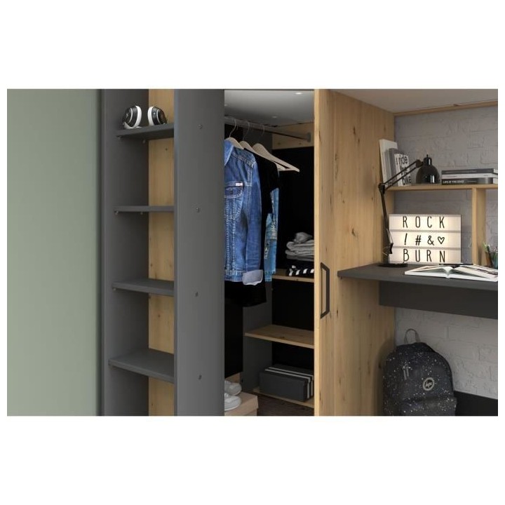 PARISOT HIGH Lit combiné mezzanine enfant - Décor chene et gris - So