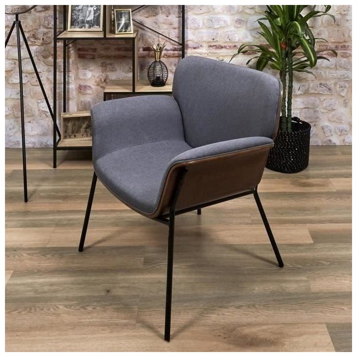 Fauteuil - Tissu gris et bois - L 80 x P 72 x H 80 cm - SAM