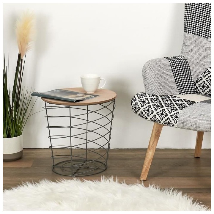 Table filaire ronde - Bois et métal - Gris - Style industriel - 40 x