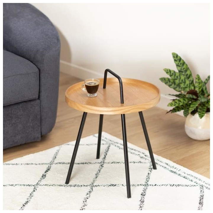 Bout de canapé rond - Beige et noir - Style industriel - Sur pieds -