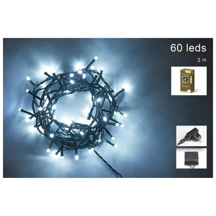 Guirlande de Noël - 60 LED 5 mm blanc froid - L.3 m - Fil vert