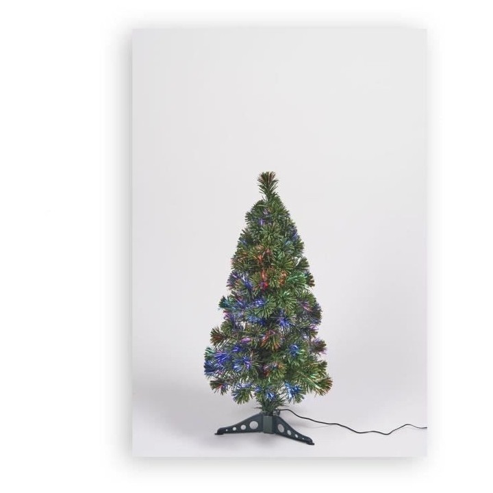 Sapin vert de Noël en PVC - H 80 cm - Fibre optique multicolore - 24