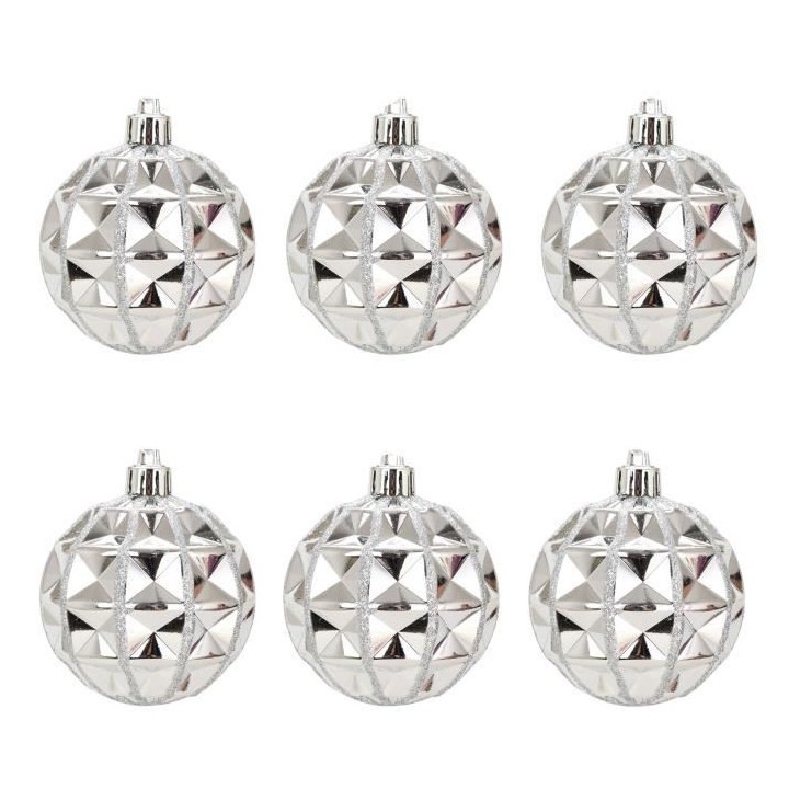 Lot de 6 Boules de Noël géométrique Argenté 7 cm