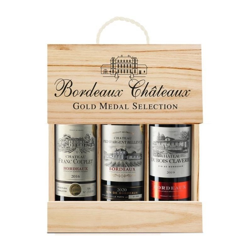 Coffret AOP Bordeaux Médailles d'Or : Château Dubois Claverie 2019, Château Pied d'Argent Bellevue 2020, Château Franc Coupl