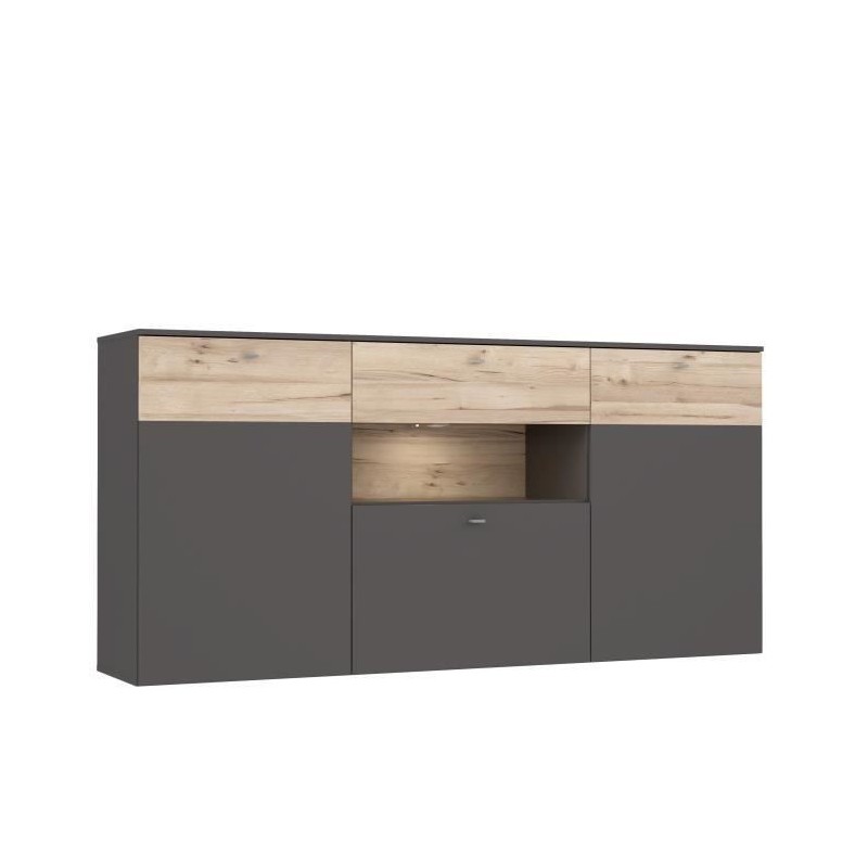 Buffet - Décor chene et gris - 3 portes + 1 tiroir + LED - COMO - L 194,8 x P 41,3 x H 94,5 cm