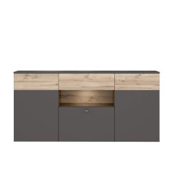 Buffet - Décor chene et gris - 3 portes + 1 tiroir + LED - COMO - L 194,8 x P 41,3 x H 94,5 cm