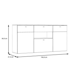 Buffet - Décor chene et gris - 3 portes + 1 tiroir + LED - COMO - L 194,8 x P 41,3 x H 94,5 cm