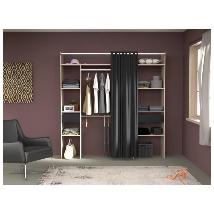 EKIPA Dressing avec rideau - 2 colonnes avec 2 tiroirs + 2 penderies -