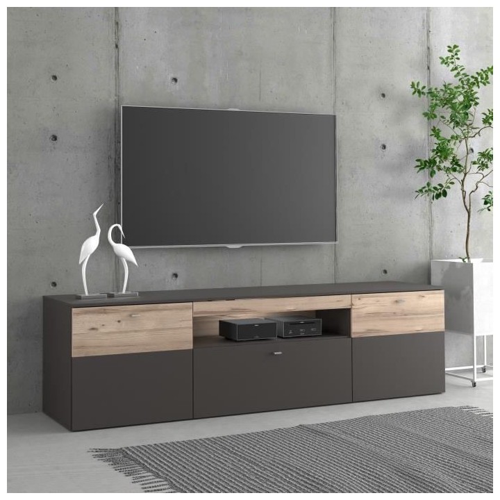 COMO Meuble TV 2 portes, 1 tiroir + LED - Décor chene et gris - L 209