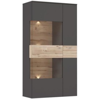 Vitrine 1 porte + LED - Décor chene et gris - L 90,1 x P 41,3 x H 168