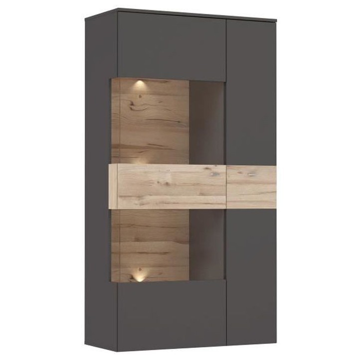 Vitrine 1 porte + LED - Décor chene et gris - L 90,1 x P 41,3 x H 168