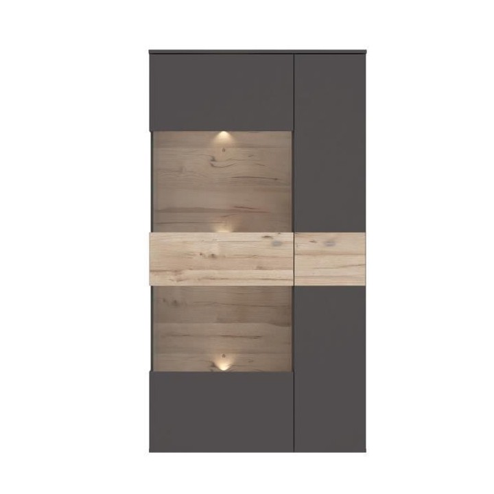Vitrine 1 porte + LED - Décor chene et gris - L 90,1 x P 41,3 x H 168