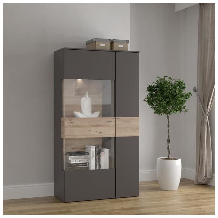 Vitrine 1 porte + LED - Décor chene et gris - L 90,1 x P 41,3 x H 168
