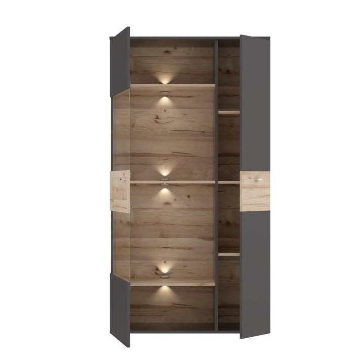 Vitrine 1 porte + LED - Décor chene et gris - L 90,1 x P 41,3 x H 168