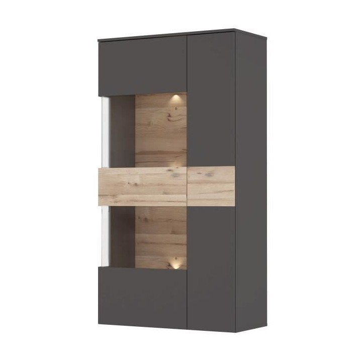 Vitrine 1 porte + LED - Décor chene et gris - L 90,1 x P 41,3 x H 168