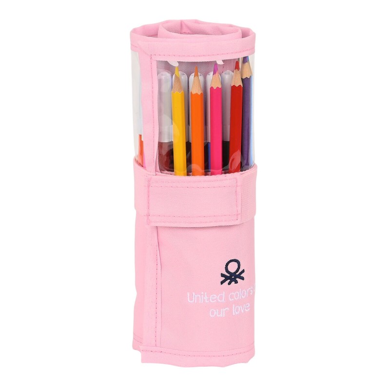 Trousse Scolaire avec Accessoires Benetton Vichy Enveloppante Rose (27 Pièces)