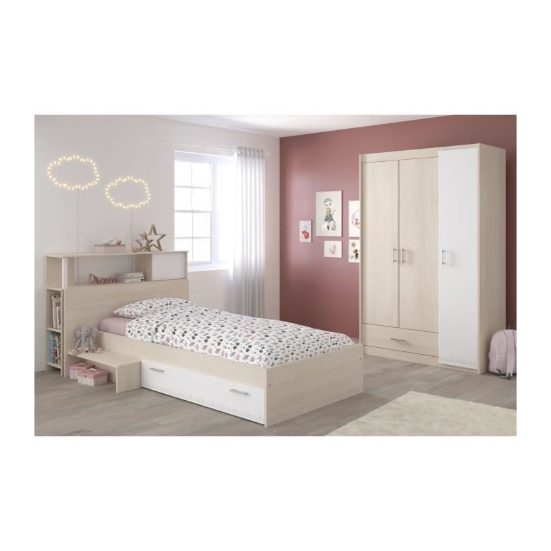 PARISOT Chambre enfant complete - Tete de lit + lit + armoire - Style contemporain - Décor acacia clair et blanc - CHARLEMAGNE