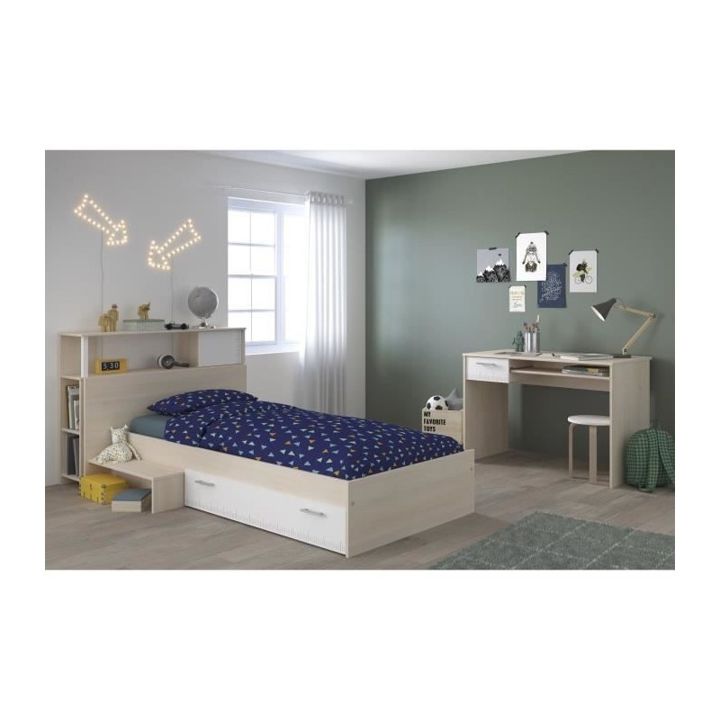 PARISOT Chambre enfant complete Tete de lit + lit + bureau - Style contemporain - Décor acacia clair et blanc - CHARLEMAGNE