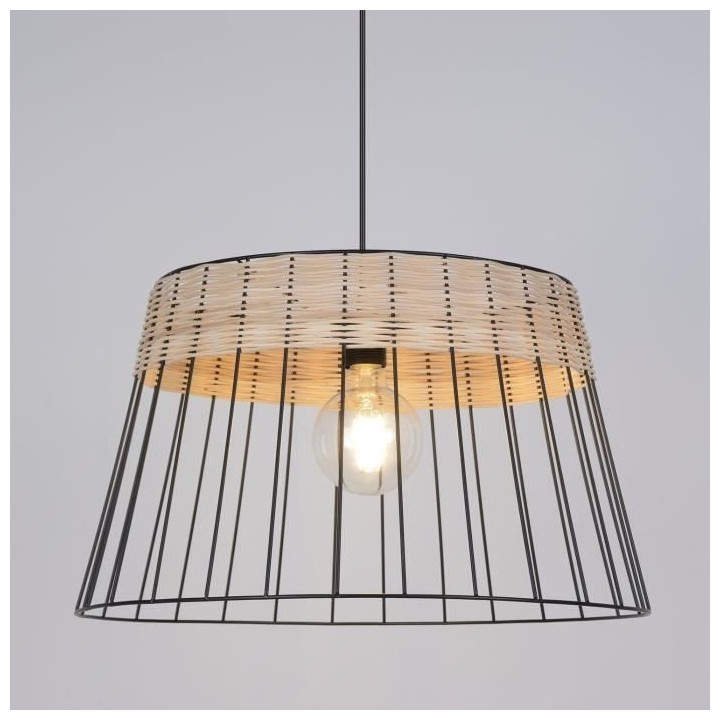 Suspension Indah - Métal et rotin tressé - Tambour - E27 - Ø48 cm -