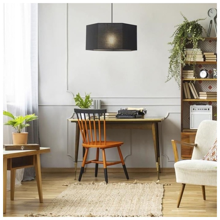 Suspension - Coton - Hexagonale - E27 - Ø38-H19 cm - Noir