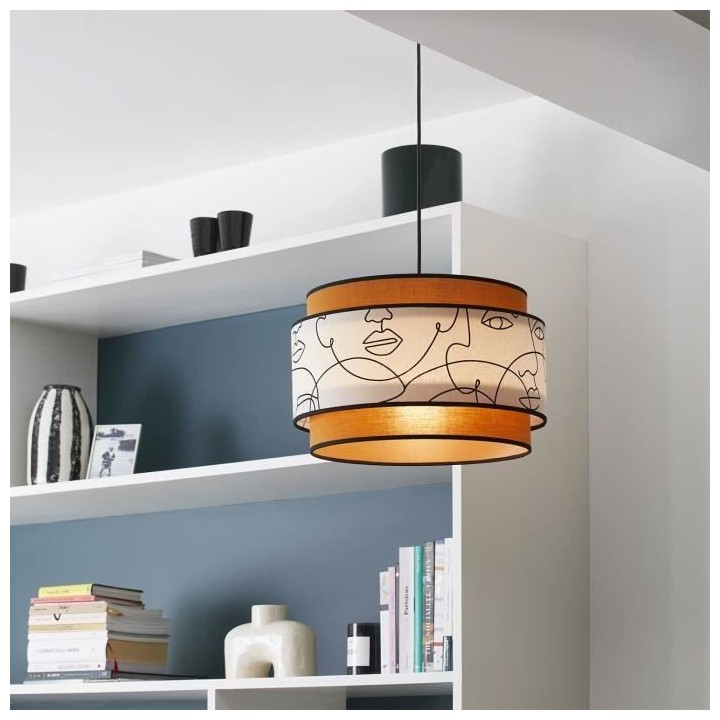 Suspension - Coton - Cylindre - E27 - Ø38 cm - Visages et caramel