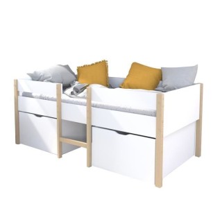 Lit mi-hauteur 90x200cm avec 2 maxi tiroirs - Blanc/Bois - Sommier inc