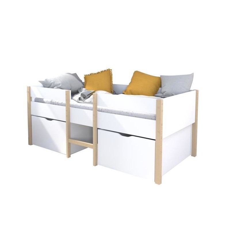 Lit mi-hauteur 90x200cm avec 2 maxi tiroirs - Blanc/Bois - Sommier inclus - Zephir