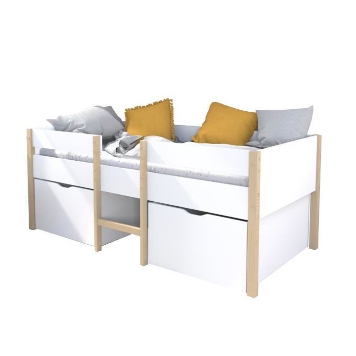 Lit mi-hauteur 90x200cm avec 2 maxi tiroirs - Blanc/Bois - Sommier inc