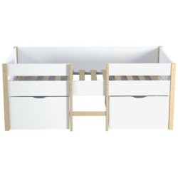 Lit mi-hauteur 90x200cm avec 2 maxi tiroirs - Blanc/Bois - Sommier inclus - Zephir