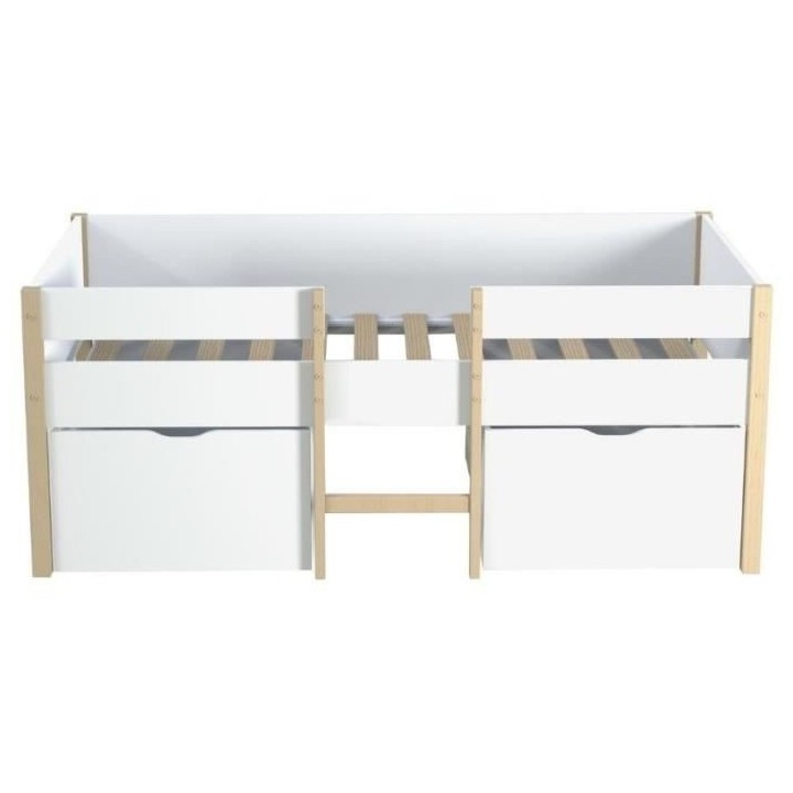 Lit mi-hauteur 90x200cm avec 2 maxi tiroirs - Blanc/Bois - Sommier inc