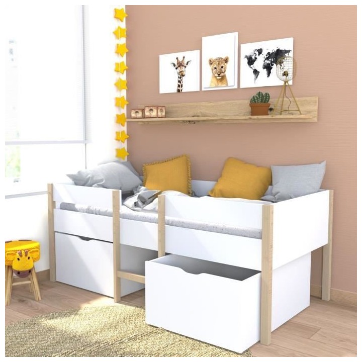 Lit mi-hauteur 90x200cm avec 2 maxi tiroirs - Blanc/Bois - Sommier inc