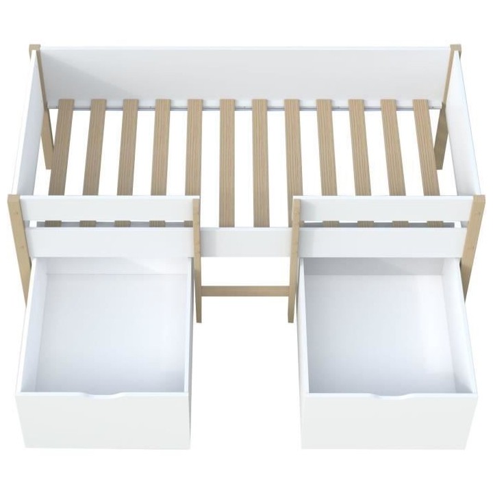 Lit mi-hauteur 90x200cm avec 2 maxi tiroirs - Blanc/Bois - Sommier inc