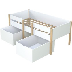 Lit mi-hauteur 90x200cm avec 2 maxi tiroirs - Blanc/Bois - Sommier inclus - Zephir