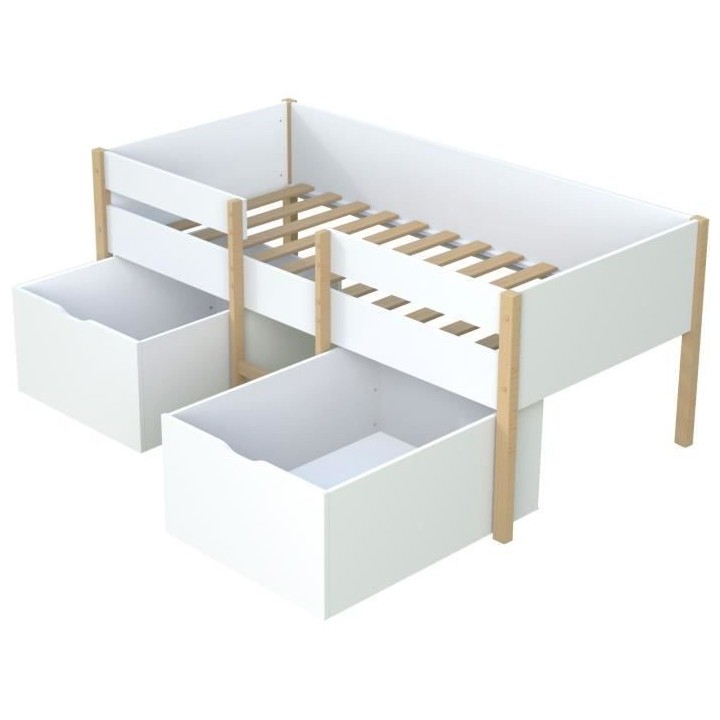 Lit mi-hauteur 90x200cm avec 2 maxi tiroirs - Blanc/Bois - Sommier inc
