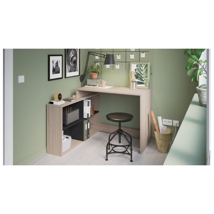 Bureau d'angle Nagano - Panneaux de particules - Décor chene et noir