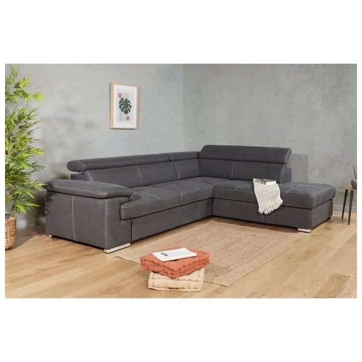 Canapé d'angle convertible droit 4 places CORSA - Tissu gris - L 287