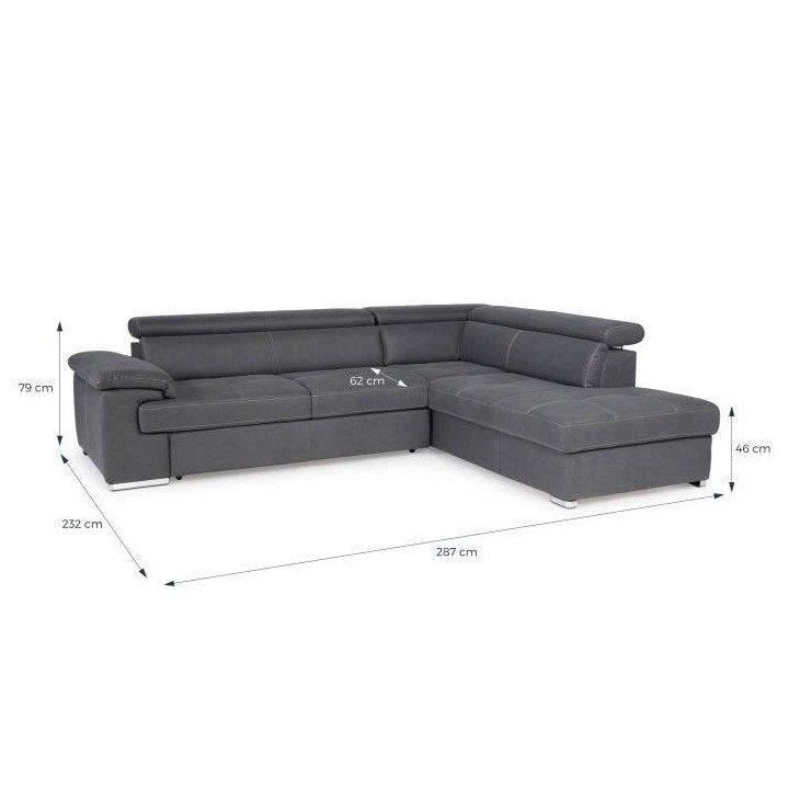 Canapé d'angle convertible droit 4 places CORSA - Tissu gris - L 287