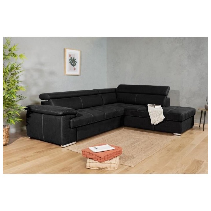 Canapé d'angle convertible droit 4 places CORSA - Tissu noir - L 287