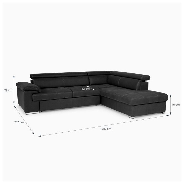 Canapé d'angle convertible droit 4 places CORSA - Tissu noir - L 287
