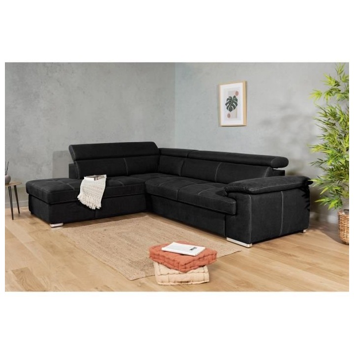 Canapé d'angle convertible gauche 4 places CORSA - Tissu noir - L 287