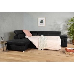 Canapé d'angle convertible gauche 4 places CORSA - Tissu noir - L 287 x P 232 x H 79 cm