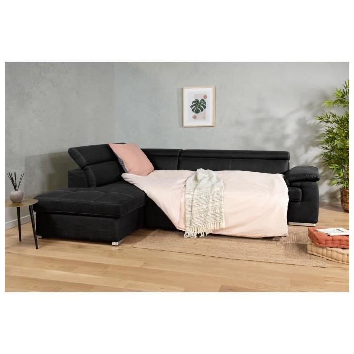 Canapé d'angle convertible gauche 4 places CORSA - Tissu noir - L 287