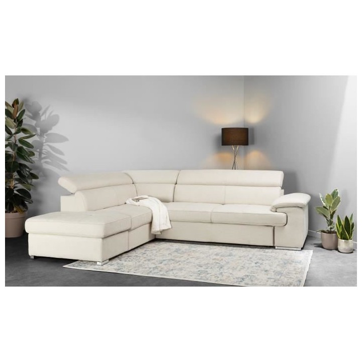 Canapé d'angle convertible gauche + coffre de rangement - Tissu Beige