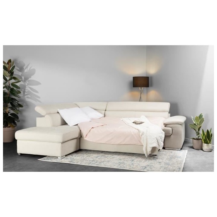Canapé d'angle convertible gauche + coffre de rangement - Tissu Beige