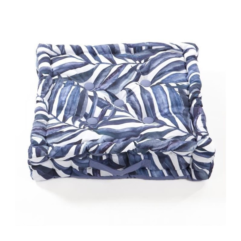 COTTON WOOD Coussin de sol coton imprimé - Blue Palm - 40 x 40 x 10 cm